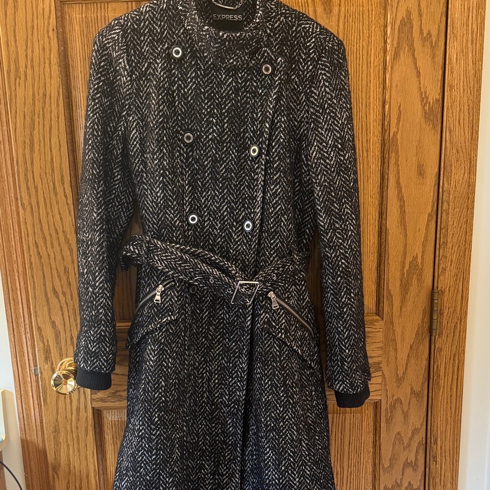 Express Herringbone Black and White Trench Coat